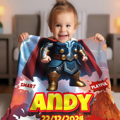 Personalized Baby Thor Blanket – Superhero Custom Name & Date Fleece Gift for Boys